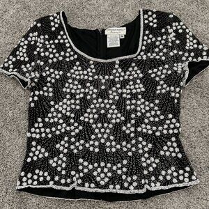 Adrianna Papell Evening Beaded Short Sleeve Black Silk Blouse Top Size Medium
